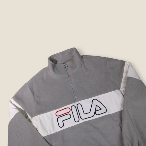 FILA Vintage Retro Men’s 1/2 Zip Fleece Jacket Y2K Medium Grey White - Picture 2 of 8